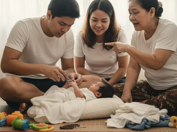 Filipino parents caring for newborn while grandmother reminds them about pamahiin.