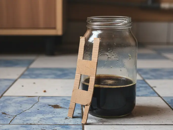 DIY beer jar cockroach trap placed on a Filipino kitchen floor