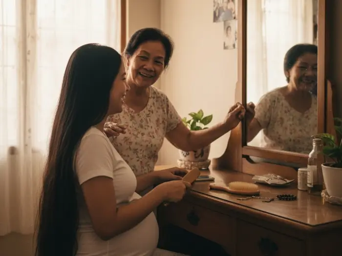 Pregnant Filipina brushing long hair while her mother reminds her about pamahiin.