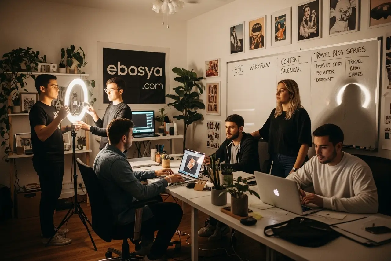 Ebosya.com creative team filming and editing inside their bright modern office.