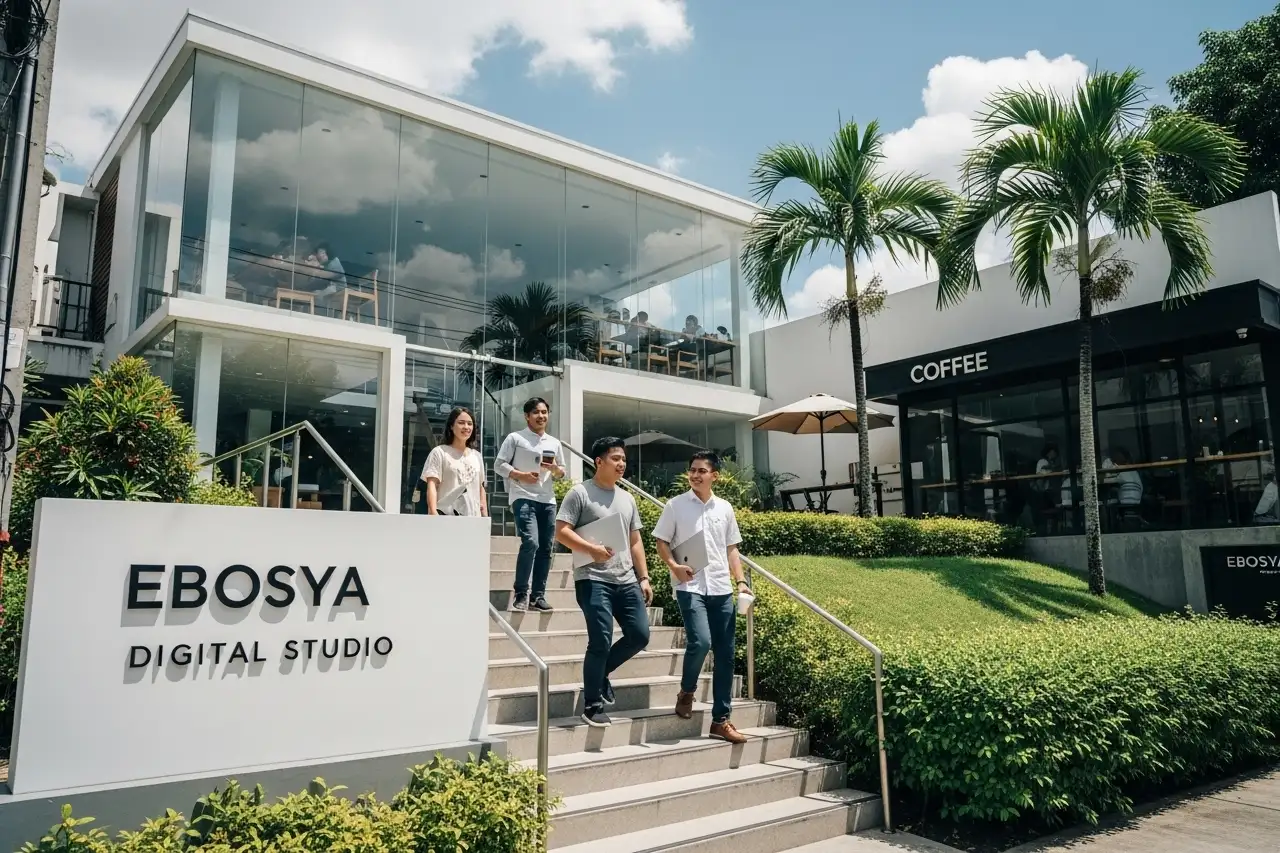 Exterior of Ebosya.com office building with staff walking in holding coffee and laptops.