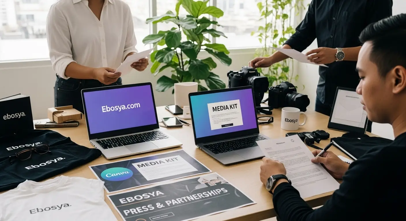 Filipino media team prepares Ebosya.com press kit and brand materials in office.