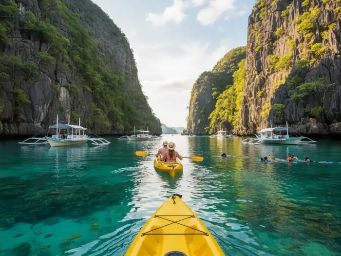 Kayakers exploring Big Lagoon’s turquoise waters in El Nido’s Tour A route.