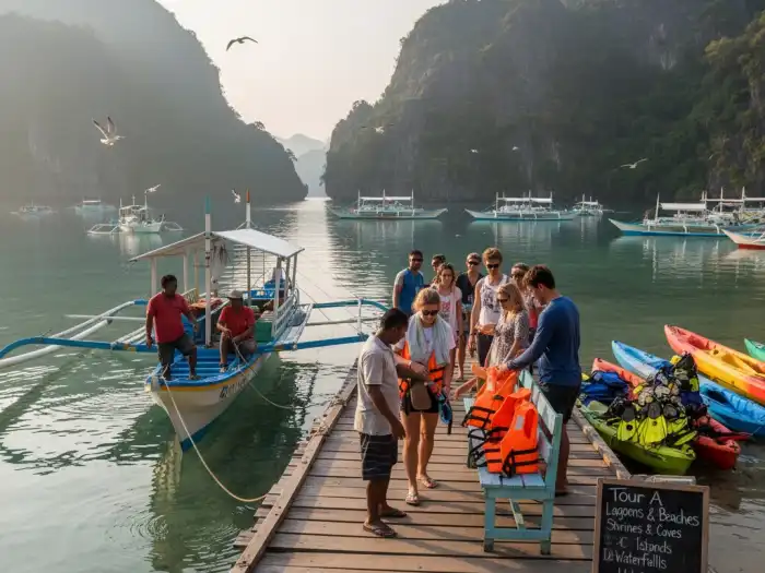 Morning island-hopping boats preparing for departure at El Nido Town pier.