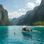 Traditional banca boat departing for island-hopping in El Nido, Palawan with limestone cliffs and turquoise sea.