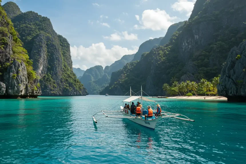 el nido island hopping paradise Traditional banca boat departing for island-hopping in El Nido, Palawan with limestone cliffs and turquoise sea.