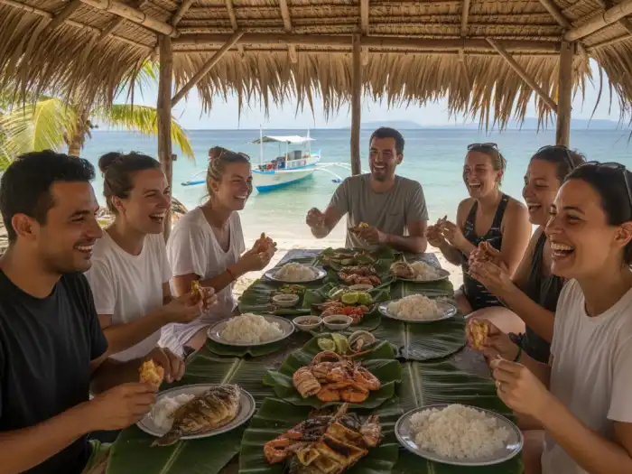 Tourists share a beach picnic during an El Nido island-hopping lunch stop.