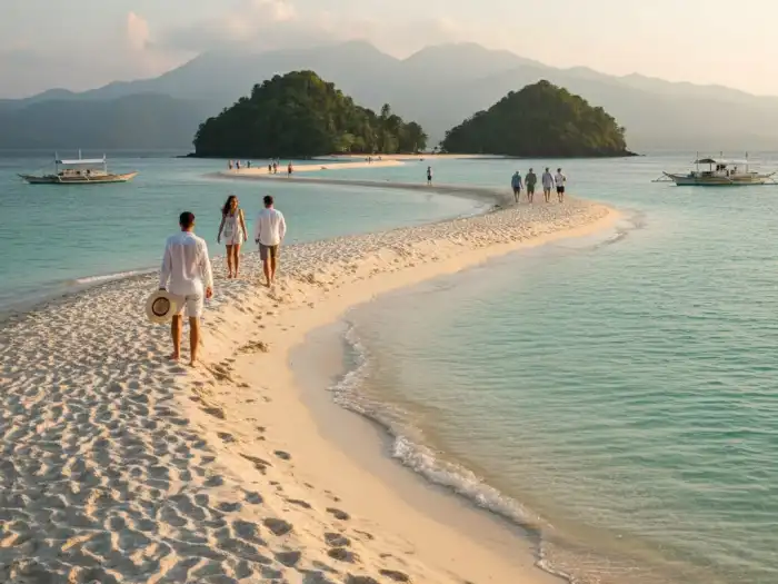 Travelers walking along the winding sandbar of Snake Island in El Nido Palawan.