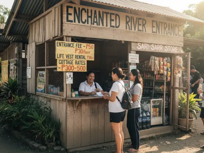 Tourists paying entrance fees at the Enchanted River booth in Hinatuan.