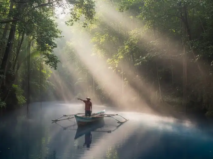Local guide in banca over the misty Enchanted River of Hinatuan at sunrise.