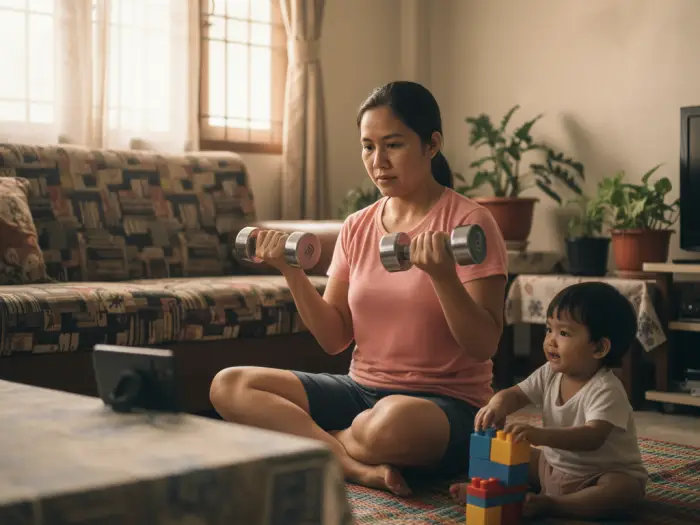 Filipina doing home workout with improvised dumbbells as safe weight loss method.