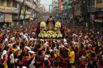 Massive crowd of barefoot devotees during the Feast of the Black Nazarene in Quiapo, Manila.