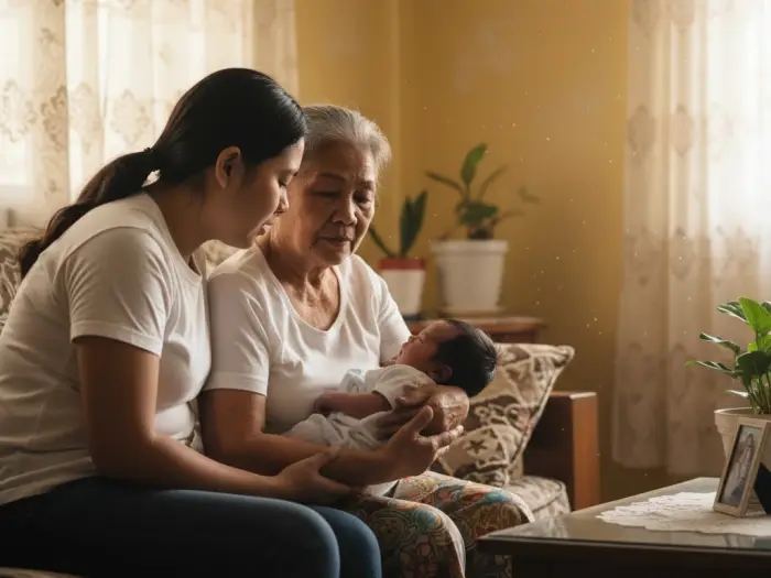 Filipina mother and her lola bonding over a newborn baby while sharing pamahiin.