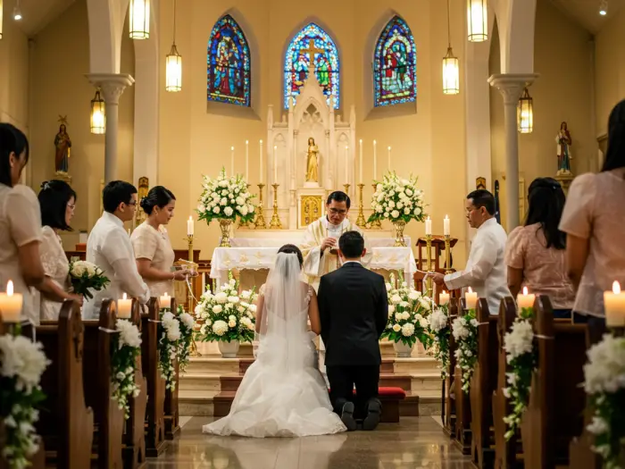 Filipino couple kneeling at the altar during the church ceremony with veil and cord rituals.