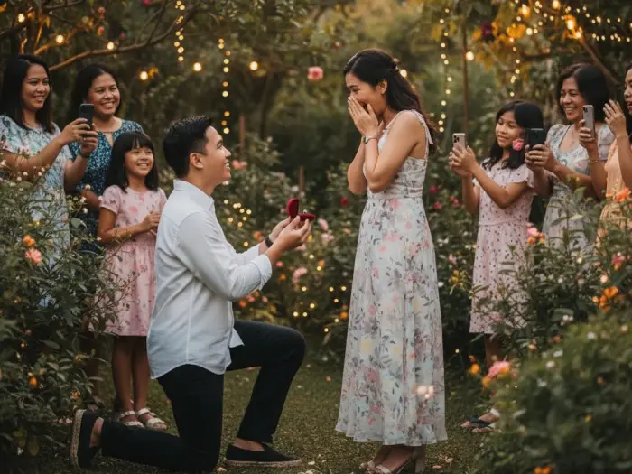 Filipino couple during engagement pictorial surrounded by family in a garden setting.