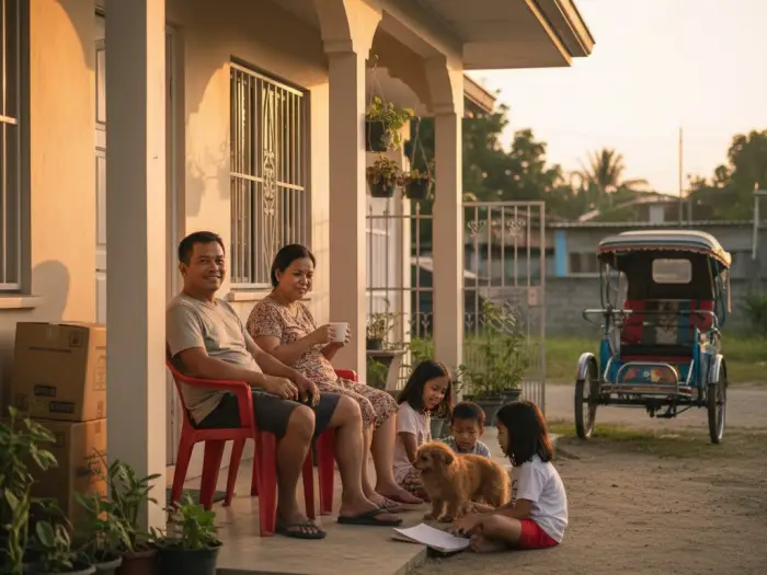 Filipino family relaxing outside their new home at sunset in the Philippines.