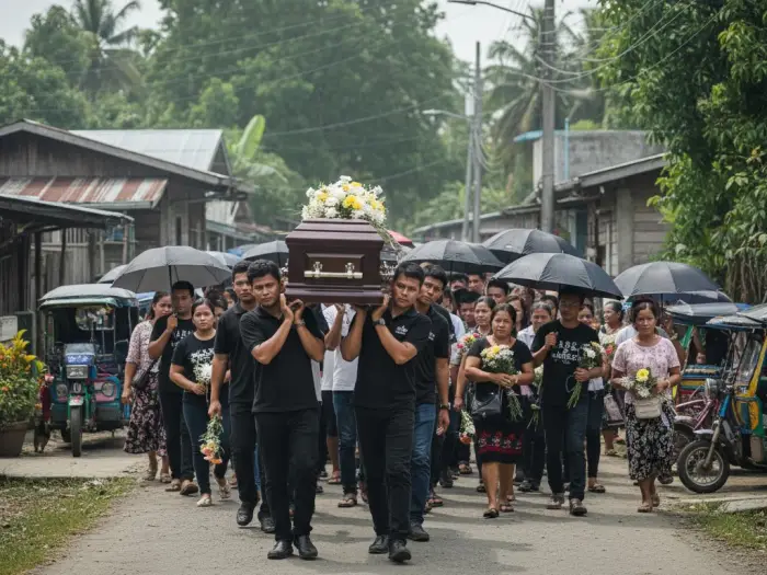 Filipino funeral procession through a barangay road with family walking behind the casket.