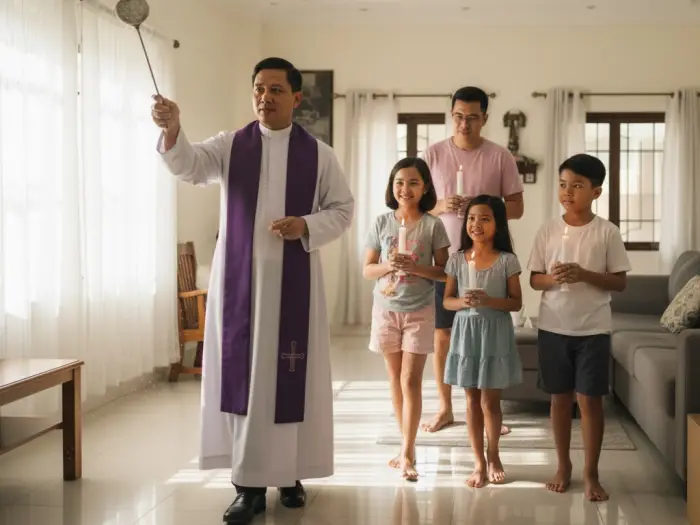 Filipino priest blessing a new home with holy water while the family follows with candles.