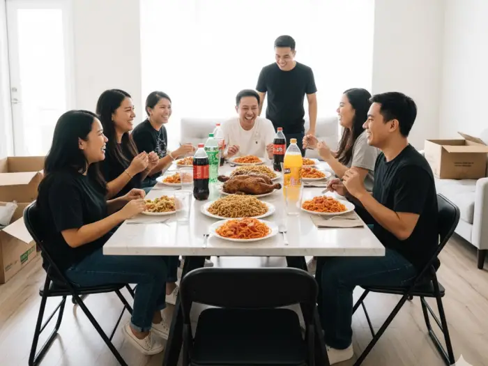 Filipino family hosting a simple handaan after moving into their new home.