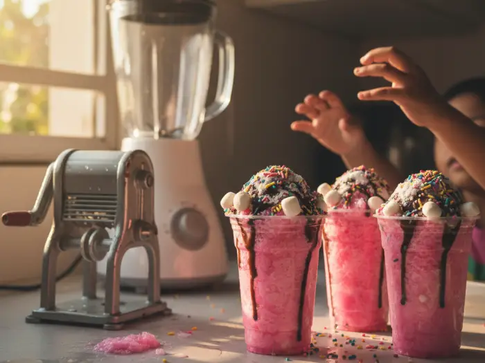 Filipino ice scramble iskrambol with powdered milk and sprinkles