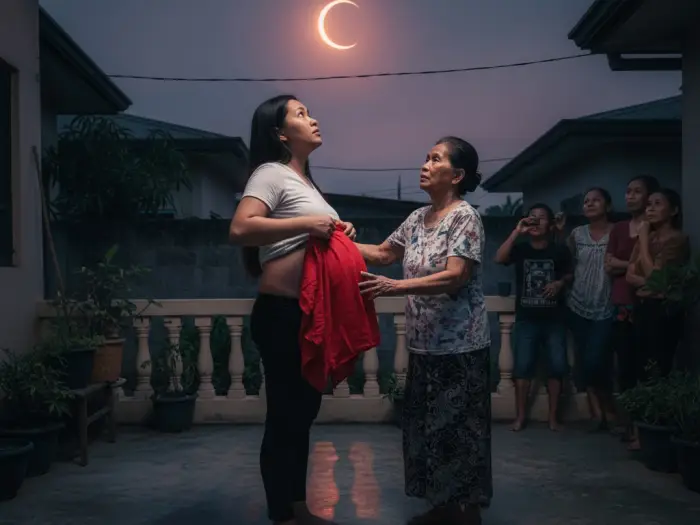 Pregnant Filipina covering her belly with a red cloth during an eclipse.