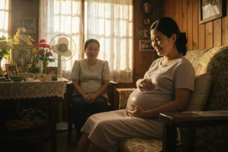 Pregnant Filipina woman resting at home while her lola shares pamahiin about pregnancy.