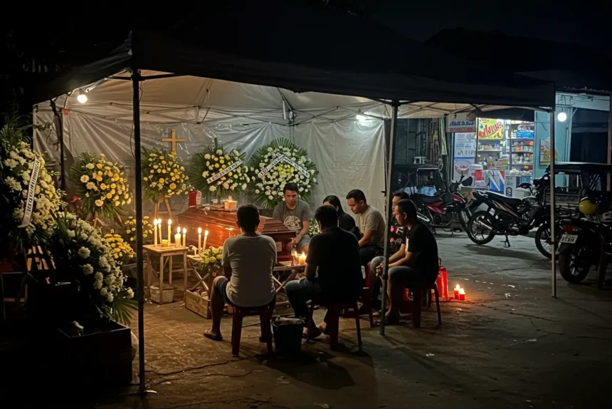 Filipino wake or lamay scene in a barangay at night, showing family members praying beside the casket.
