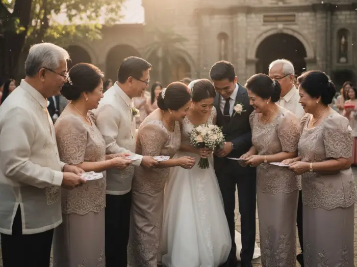Filipino ninongs and ninangs offering blessings and gifts to the newlyweds.
