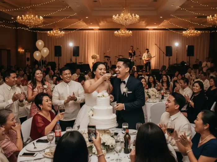 Filipino bride and groom feeding each other cake during a lively wedding reception.