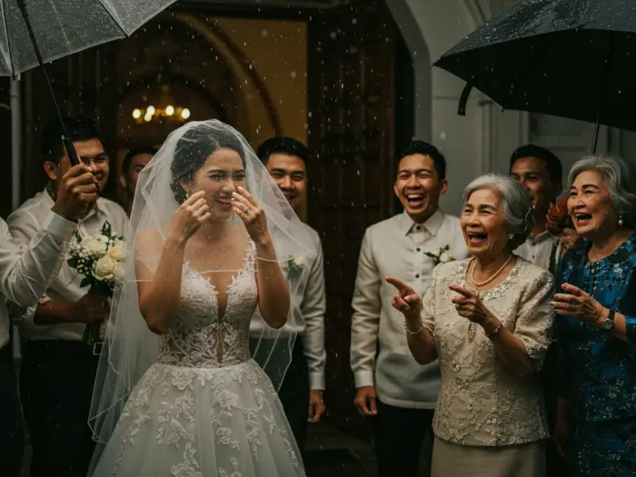 Bride smiling under light rain after the ceremony, symbolizing lucky Filipino wedding pamahiin.