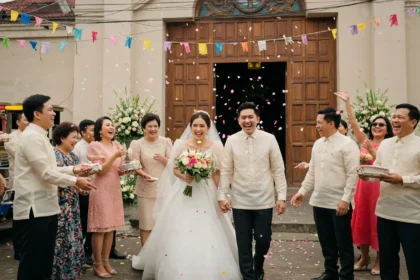 Filipino bride and groom celebrating outside a Catholic church after their wedding ceremony.