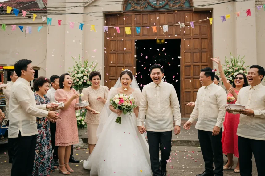 Filipino bride and groom celebrating outside a Catholic church after their wedding ceremony.