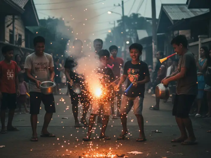 Filipino family lighting firecrackers and making noise to welcome New Year’s Eve.