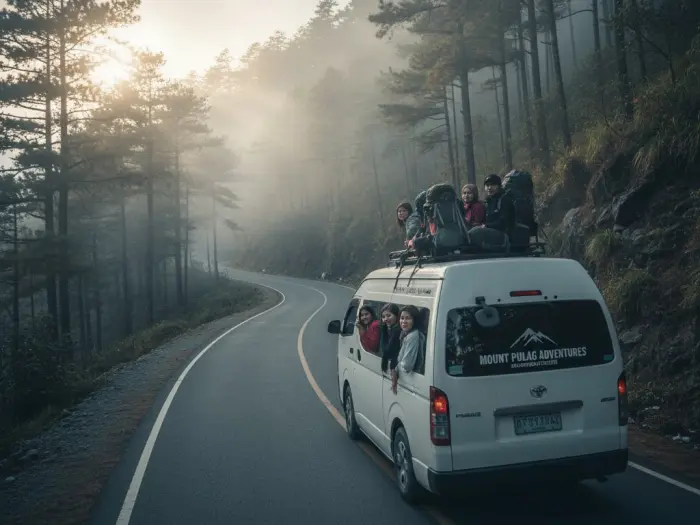 Van driving through Benguet’s foggy mountain road heading to Mount Pulag National Park.