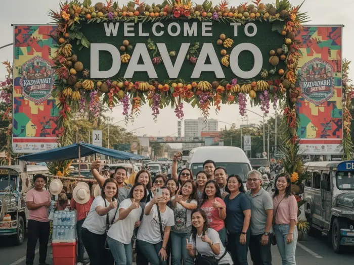 Filipino tourists taking photos near a Welcome to Davao sign decorated for the Kadayawan Festival.