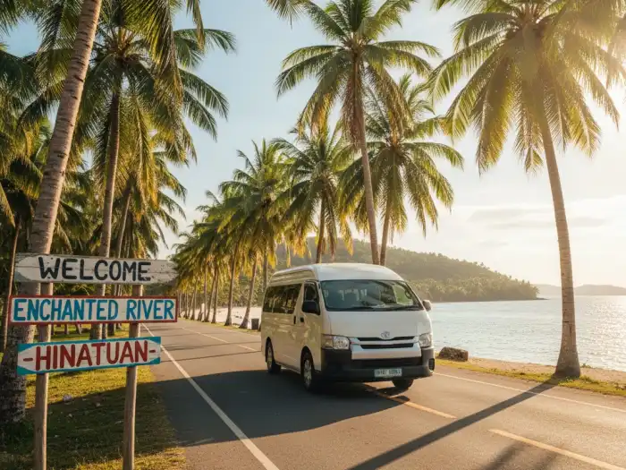 Van traveling along coconut-lined coastal road heading to the Enchanted River in Hinatuan.