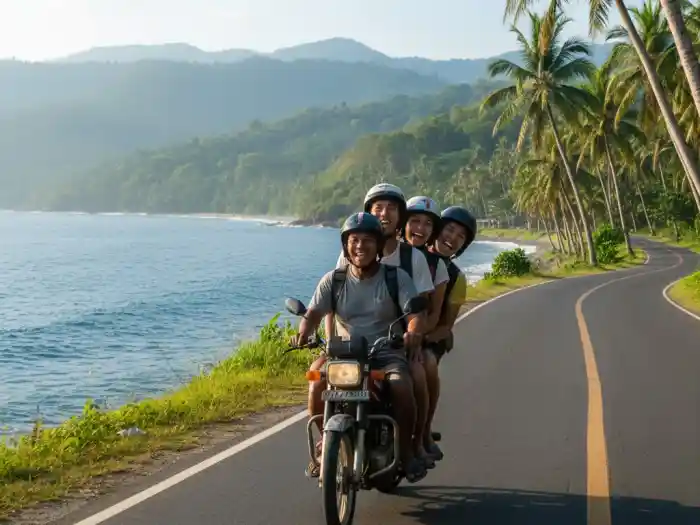 Filipino travelers riding habal-habal along a scenic road heading to Kawasan Falls in Badian, Cebu.