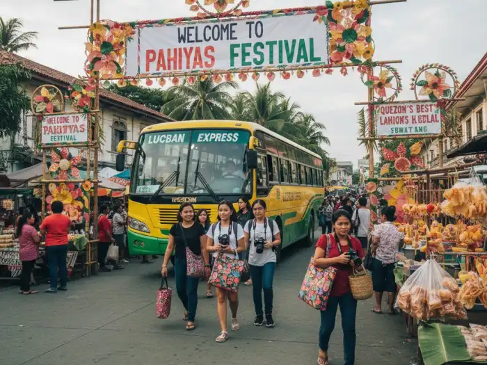 Travelers arriving in Lucban for the Pahiyas Festival, surrounded by buntings and local vendors.