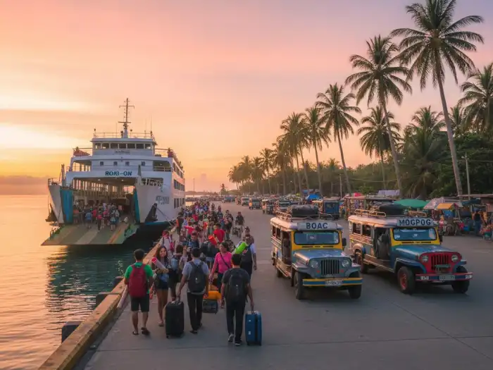Ferry passengers arriving at Balanacan Port for the Moriones Festival in Marinduque.