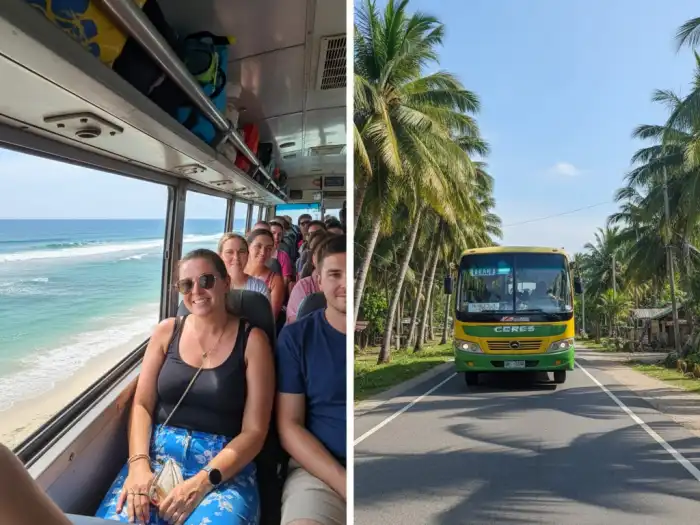 Tourists traveling to Oslob, Cebu via bus along a scenic coastal road.