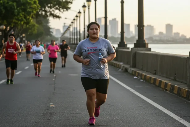 Filipina jogging by Manila Bay as part of healthy weight loss and paano pumayat tips.