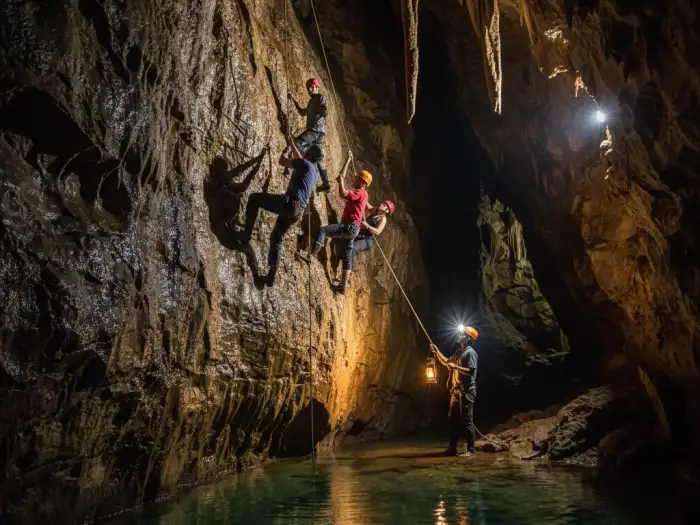 inside sagada cave connection tour Spelunkers navigate limestone tunnels with ropes and lamps inside Sagada’s cave system.