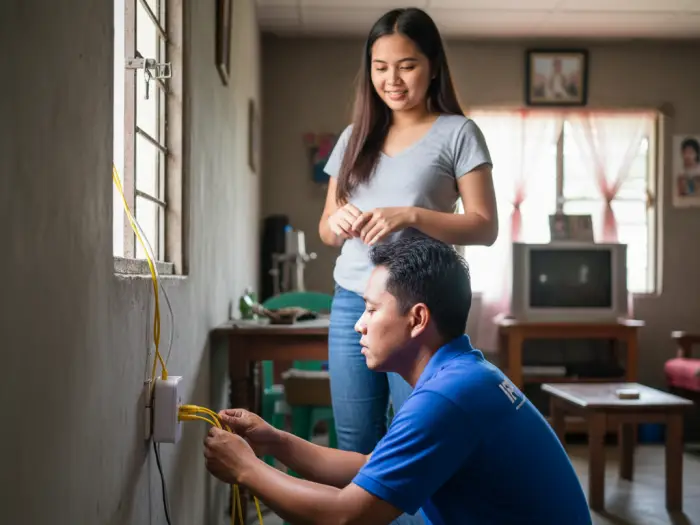Filipino technician installing fiber internet in a home, showing setup experience.