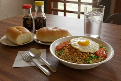 Instant pancit canton with egg, veggies, and toppings on a Filipino kitchen table