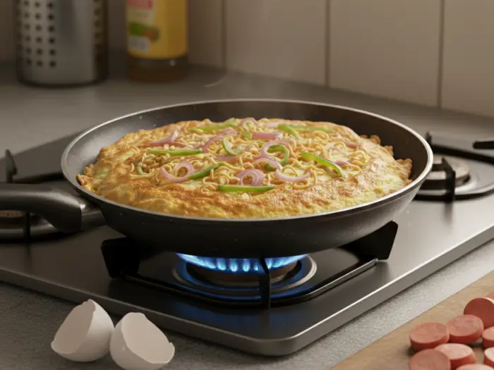 Filipino-style noodle omelette cooking in a frying pan on gas stove