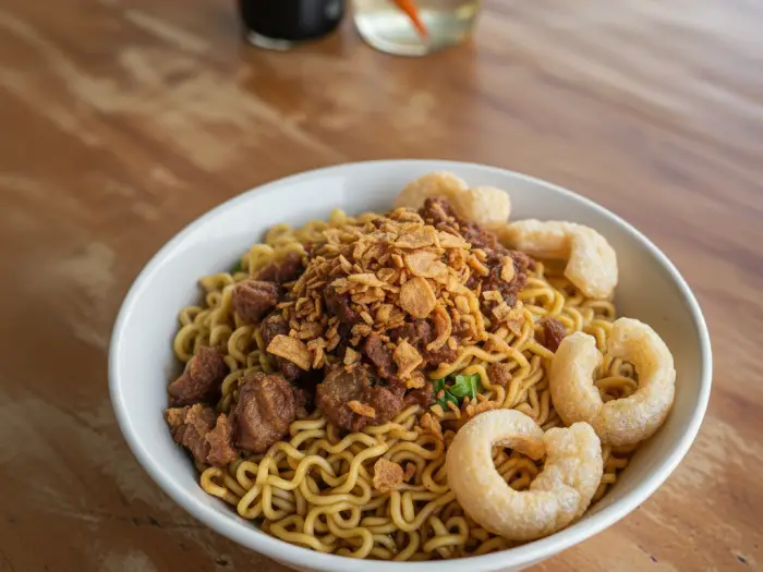 Instant noodles topped with adobo flakes, garlic, and chicharon in Pinoy setting