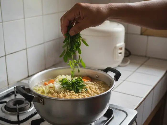 Instant noodles with cabbage, carrots, and malunggay in a Filipino kitchen