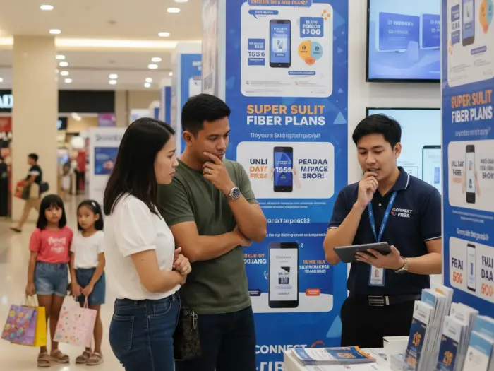 Filipino couple checking internet providers' promos and bundled deals in the Philippines 2025.