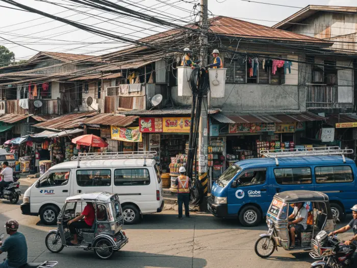 PLDT and Globe technicians installing fiber lines in a barangay street