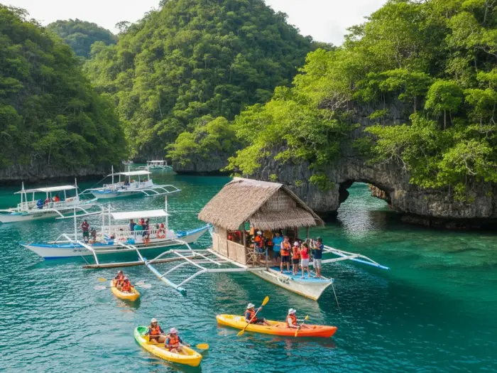 Filipino tourists kayaking and exploring the limestone islands of Sohoton Cove in Bucas Grande.